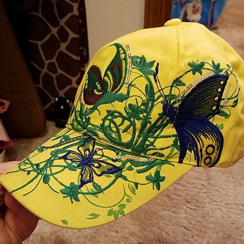 Flower & Butterfly Yellow Sequin Cap Adjustable NWT